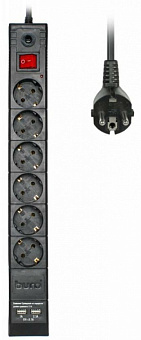 Сетевой фильтр BURO 3м (6 розеток)+2 USB порта (2,1А + 1А) для зарядки, черный