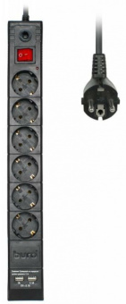 Сетевой фильтр BURO 3м (6 розеток)+2 USB порта (2,1А + 1А) для зарядки, черный