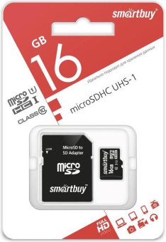 Карта памяти microSD 16Gb SmartBuy Class 10, UHS Class 1, с адаптером