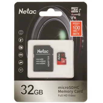 Карта памяти microSD 32Gb Netac P500 Extreme Pro Class 10, 100MB/s, с SD адаптером