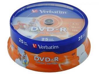 Диск DVD-R 4,7Gb Verbatim 16x Cake Box, Printable (25шт.)