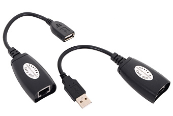 Кабель-переходник USB-A (m) + USB-A (f) < - > RJ45, Vcom CU824 (удлинитель USB по витой паре до 45м)