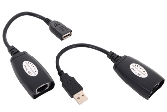 Кабель-переходник USB-A (m) + USB-A (f) < - > RJ45, Vcom CU824 (удлинитель USB по витой паре до 45м)
