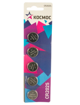 Элемент питания CR2025, 3V, 5шт, Kocмос CR2025 на блистере