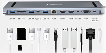 Док-станция USB-C - 12-port USB3.0, Gembird UHB-D6 23 см, алюминий