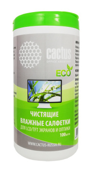 Салфетки Cactus CS-T1001E для экранов и оптики, туба 100шт, влажные)
