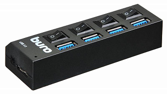 Концентратор USB-A - 4-port USB3.0, BURO BU-HUB4-U3.0-L, черный