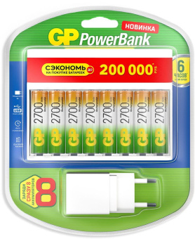 Зарядное устройство AA/AAA GP PowerBank 270AAHC/CPBXL-2CR8 + 8 аккумуляторов AA 2700mAh
