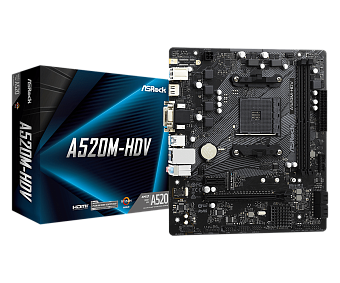 Материнская плата Socket AM4 ASRock A520M-HDV (A520) 2*DDR4 1*PCI-Ex1 1*PCI-Ex16 SATA VGA DVI HDMI mATX