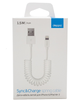 Кабель витой USB-A - Lightning, 1.5м, Deppa, витой, белый
