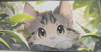 Коврик для мыши Котик в листьях под дождем (800 x 300 x 2 мм) зеленый