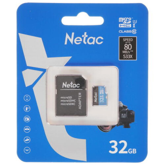 Карта памяти microSD 32Gb Netac P500 Class 10, 80MB/s, с SD адаптером