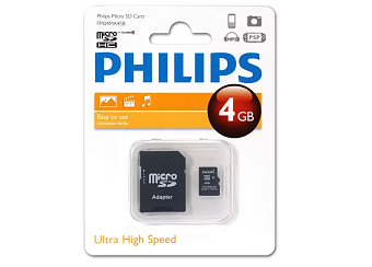 Карта памяти microSD 4Gb PHILIPS microSDHC Class 10 (SD адаптер)