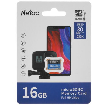 Карта памяти microSD 16Gb Netac P500 Class 10, 80MB/s, без SD адаптера