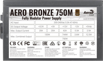 Блок питания 750W Aerocool AERO BRONZE 750M (120mm, 24+8pin, 2*8pin, 6*Sata, 4*Molex, 80 PLUS BRONZE)