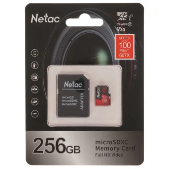 Карта памяти microSD 256Gb Netac P500 Extreme Pro Class 10, 100MB/s, с SD адаптером