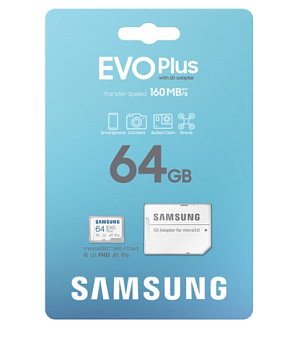 Карта памяти microSD 64Gb Samsung EVO Plus Class 10, UHS-I с SD адаптером