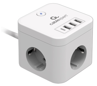 Сетевой фильтр Cablexpert Cube CUBE-3-CU3-W-1.5, 3р, 10А, 1xType-C PD, 3xUSB, 1.5м, белый