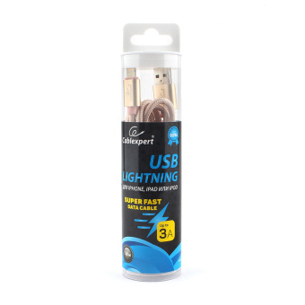 Кабель USB-A < - > Lightning, 1.8м, Cablexpert, армированная оплетка, 3A, золото