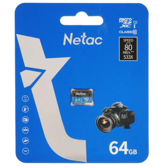 Карта памяти microSD 64Gb Netac P500 Class 10, 80MB/s, без SD адаптера