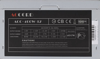 Блок питания .400W Accord ACC-400-12 (120mm, 20+8pin, 1*6pin, 4*Sata, 1*IDE, 1*FDD)