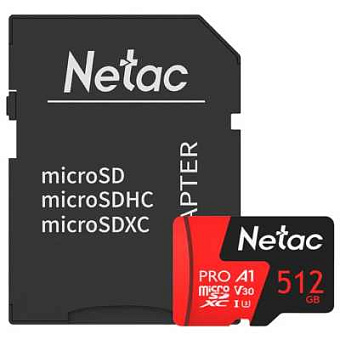 Карта памяти microSD 512Gb Netac P500 Extreme Pro Class 10, 100MB/s, с SD адаптером