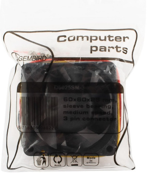 Вентилятор для корпуса 60mm Gembird D6025SM-3 (3pin, 60х60x25, 4000об/мин, 25дБ, провод 25cm)