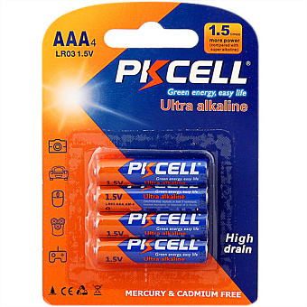 Элемент питания AAA, 1.5V,  4шт, PKCELL LR03-4B Ultra Alkaline