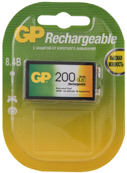 Аккумулятор Крона, 9V, 200mAh, 1шт, GP 20R8H-BC1