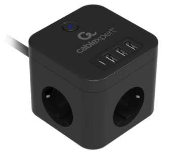 Сетевой фильтр Cablexpert Cube CUBE-3-CU3-B-1.5, 3р, 10А, 1xType-C PD, 3xUSB, 1.5м, черный