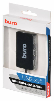 Концентратор USB-A - 4-port USB2.0, Buro Slim BU-HUB4-U2.0-Slim, черный
