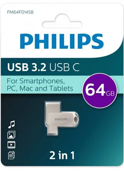 Флешка 64Gb PHILIPS 2-in-1 USB 3.2 USB C, OTG, USB 3.2/Type-C, Металл, 100 MB/s