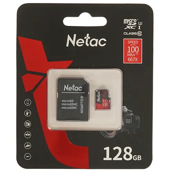 Карта памяти microSD 128Gb Netac P500 Extreme Pro Class 10, 100MB/s, с SD адаптером