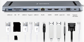 Док-станция USB-C - 12-port USB3.0, Gembird UHB-D6 23 см, алюминий