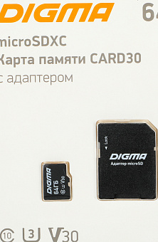 Карта памяти microSD 64Gb Digma CARD30, Class 10, UHS-I U3, 80 МБ/с + adapter